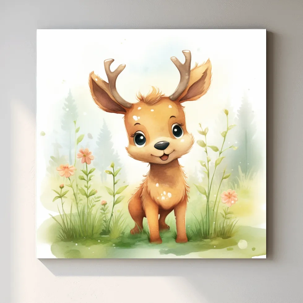 Water color nursery art painting, a cute baby deer sitting in the forest