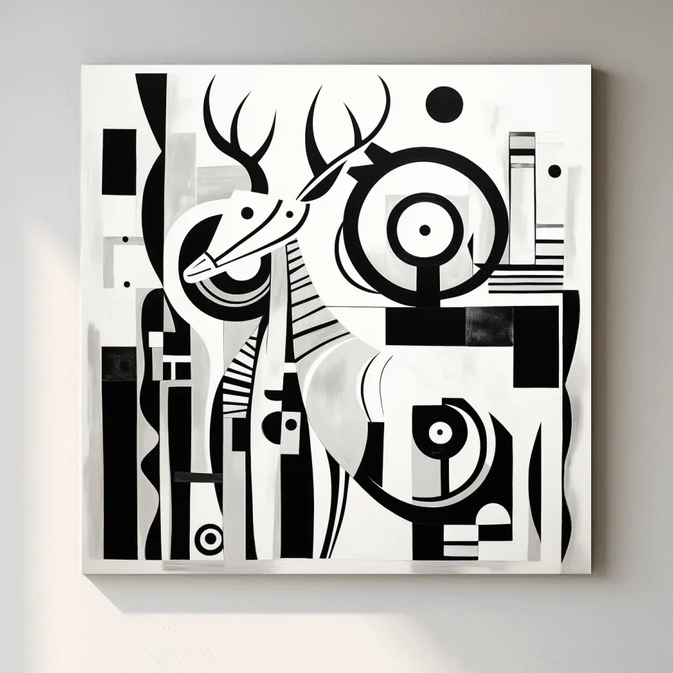 Abstract Geometric Deer Artwork - Mid-Century Black And White Animal Wall Art