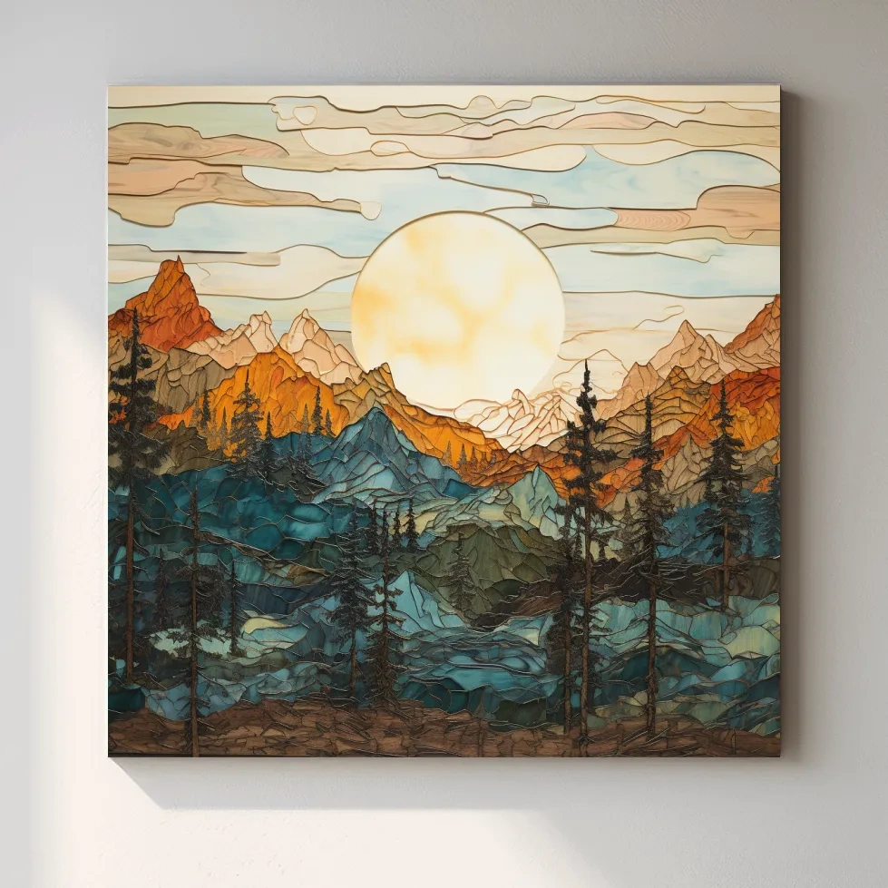 Stained Glass Mountain Sunset Landscape - Colorful Mosaic Forest Wall Art