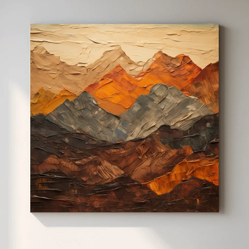 Textured impasto painting of earthy coloured mountains
