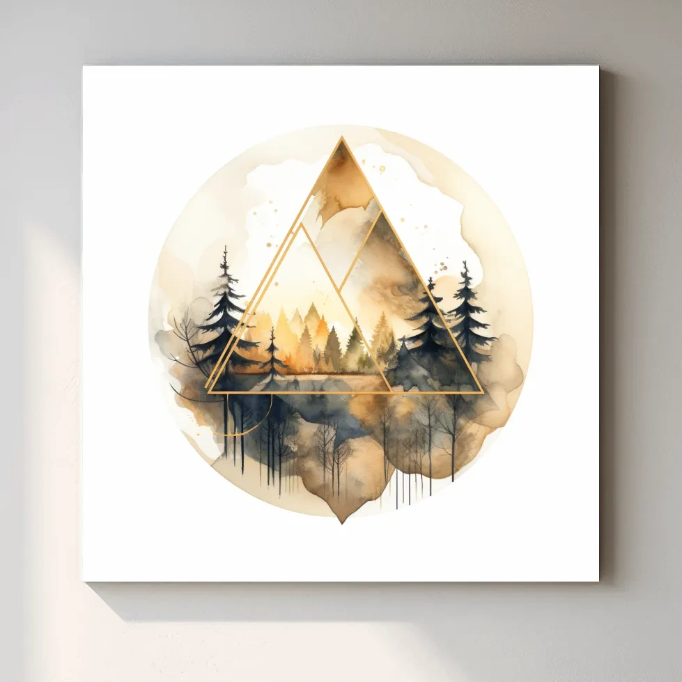 Geometric Watercolor Mountain Forest Landscape - Modern Rustic Nature Wall Art