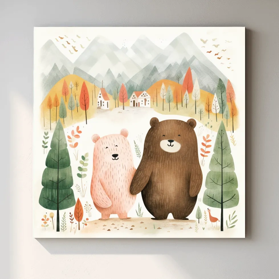 Cute Bear Couple Watercolor Illustration - Whimsical Mountain Forest Nursery Wall Art