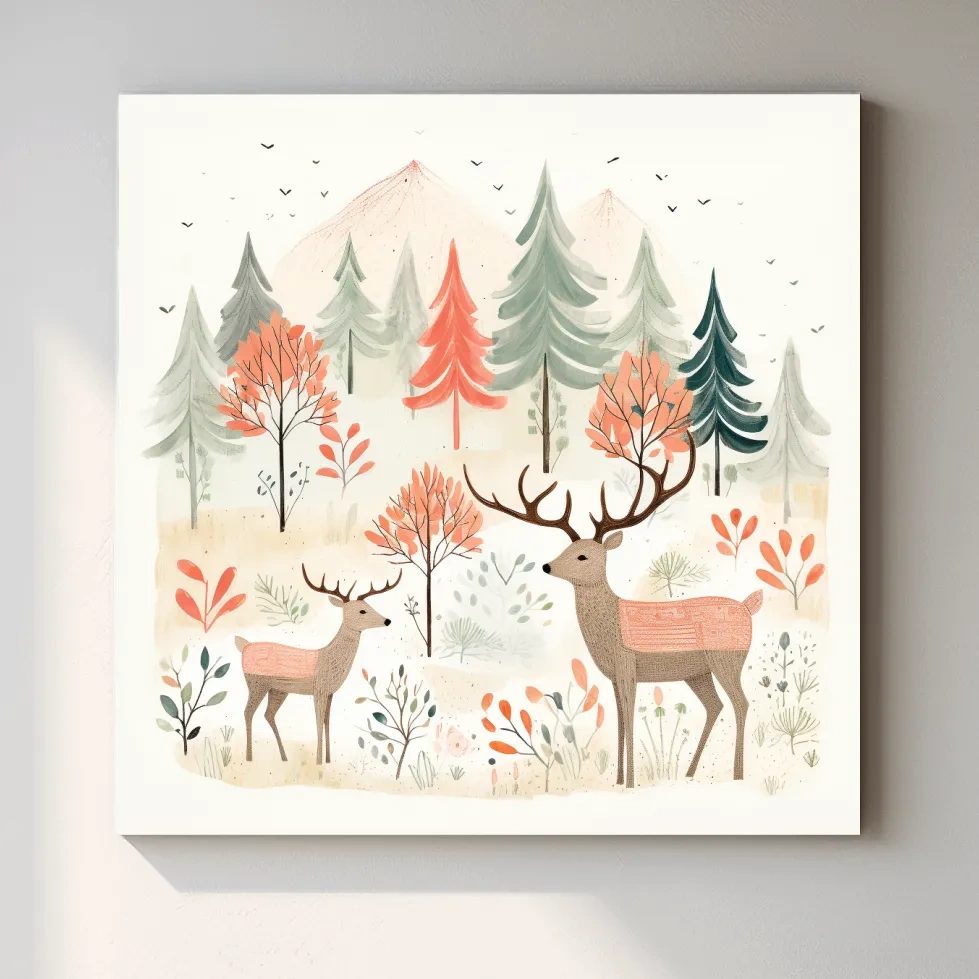 Storybook nursery art illustration, deer family in the forest