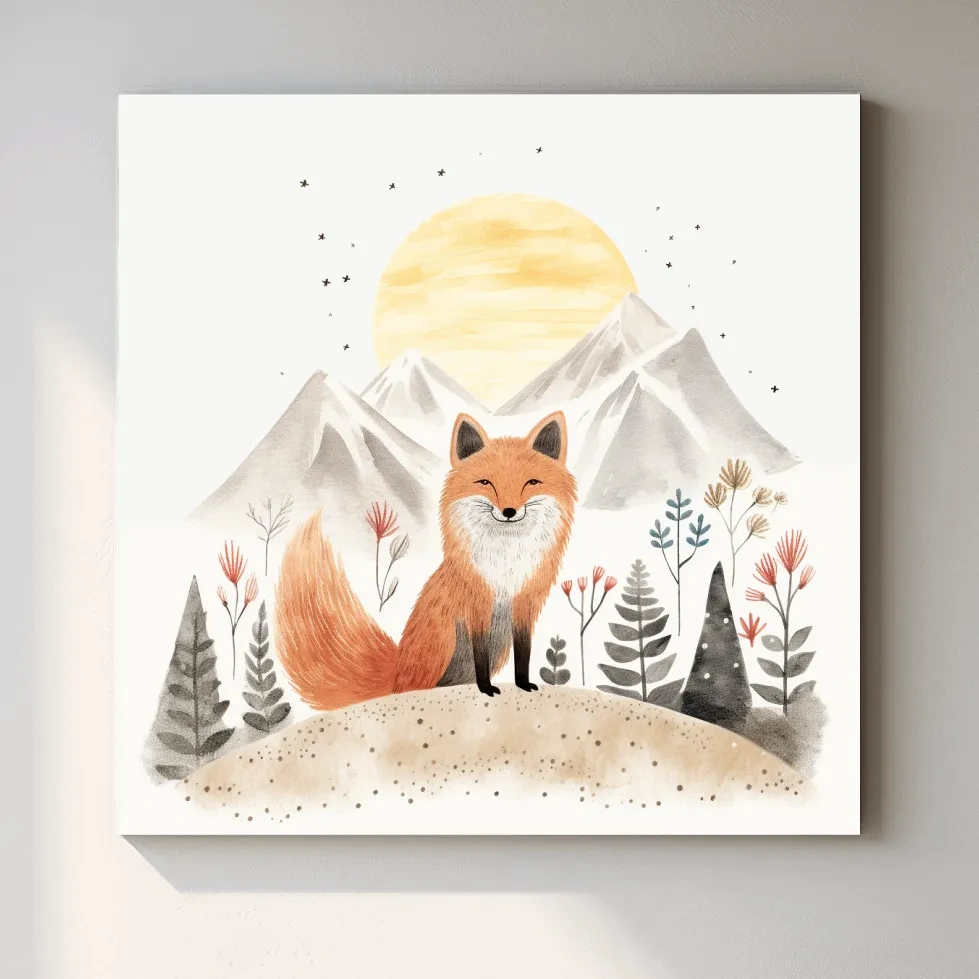 Whimsical Watercolor Fox Mountain Sunrise - Nursery Woodland Animal Wall Art