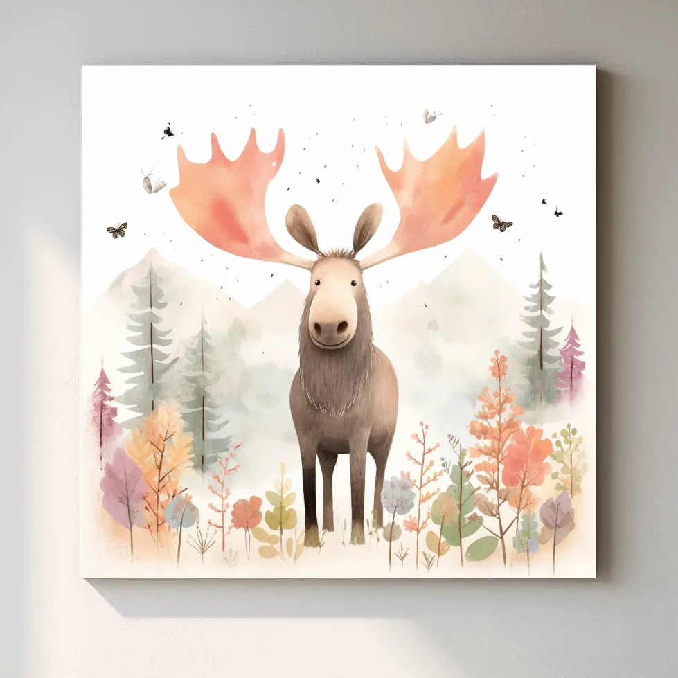 Nursery storybook artwork illustration, a happy moose in the mountains