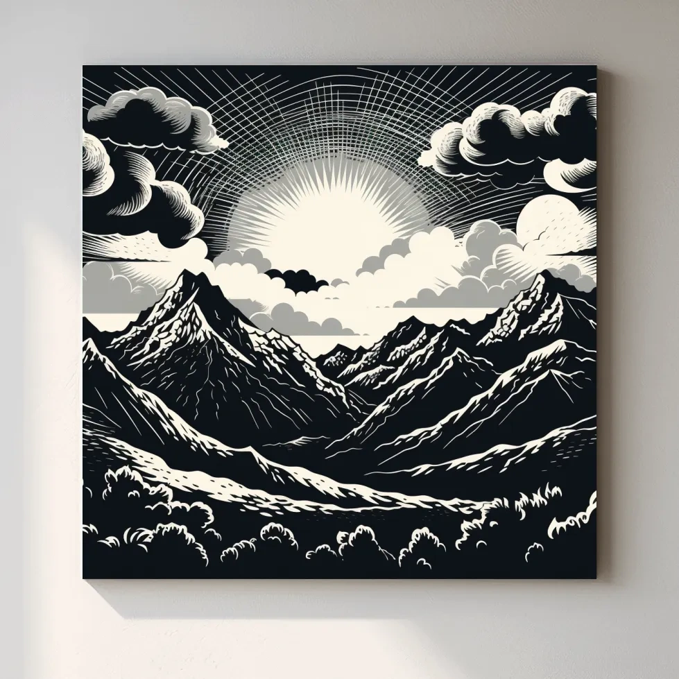 Sunset over mountain ranges, linocut style black & white artwork