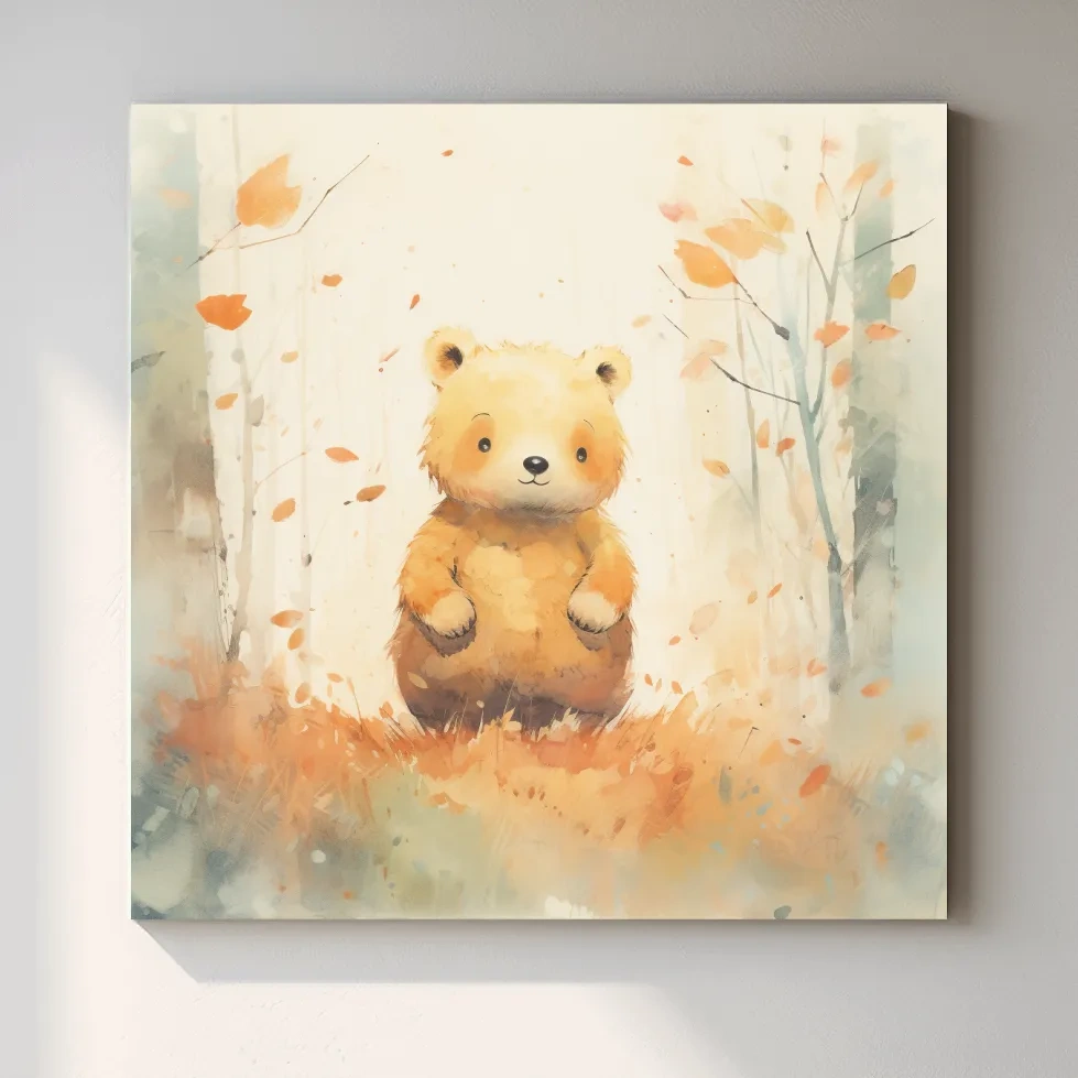 Cute Watercolor Bear Cub In Autumn Forest - Whimsical Nursery Animal Wall Art
