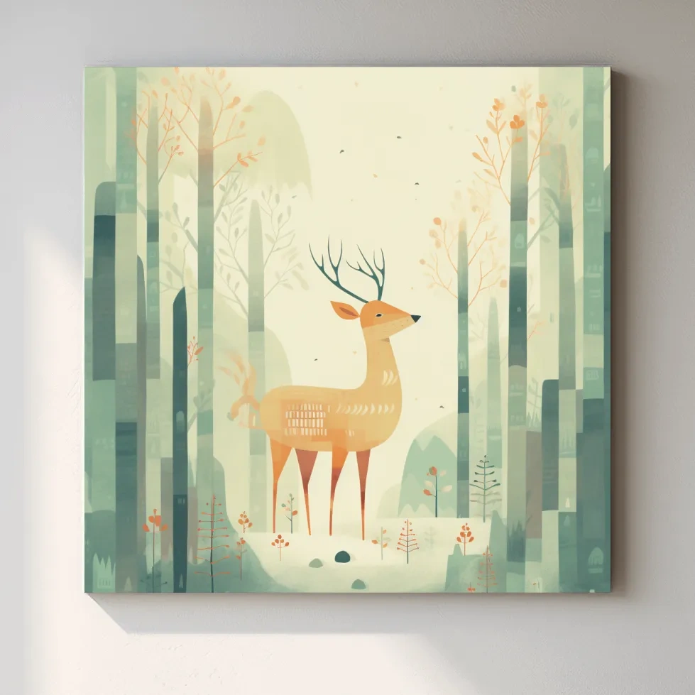 Deer in a forest, quirky nursery artwork illustration