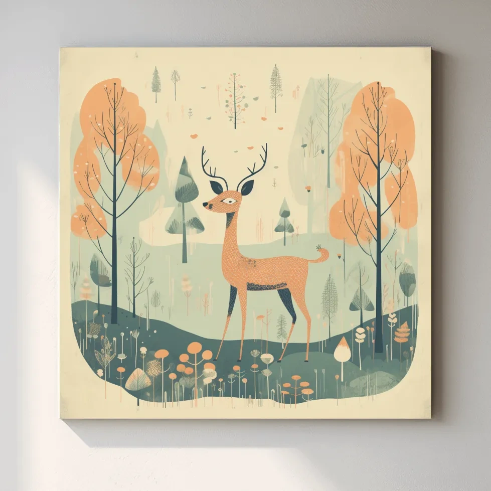Whimsical Deer in Pastel Forest Illustration - Folk Art Woodland Nursery Wall Art