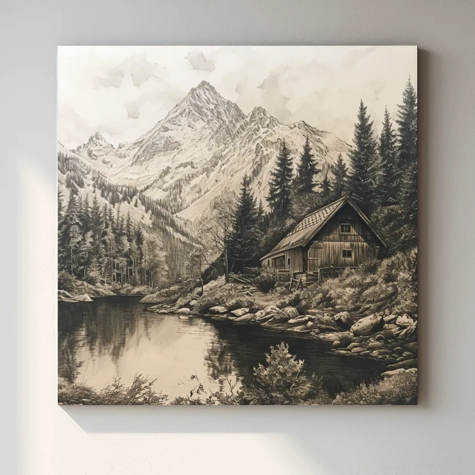 Vintage Sepia Mountain Cabin Lake Scene - Rustic Alpine Forest Landscape Art