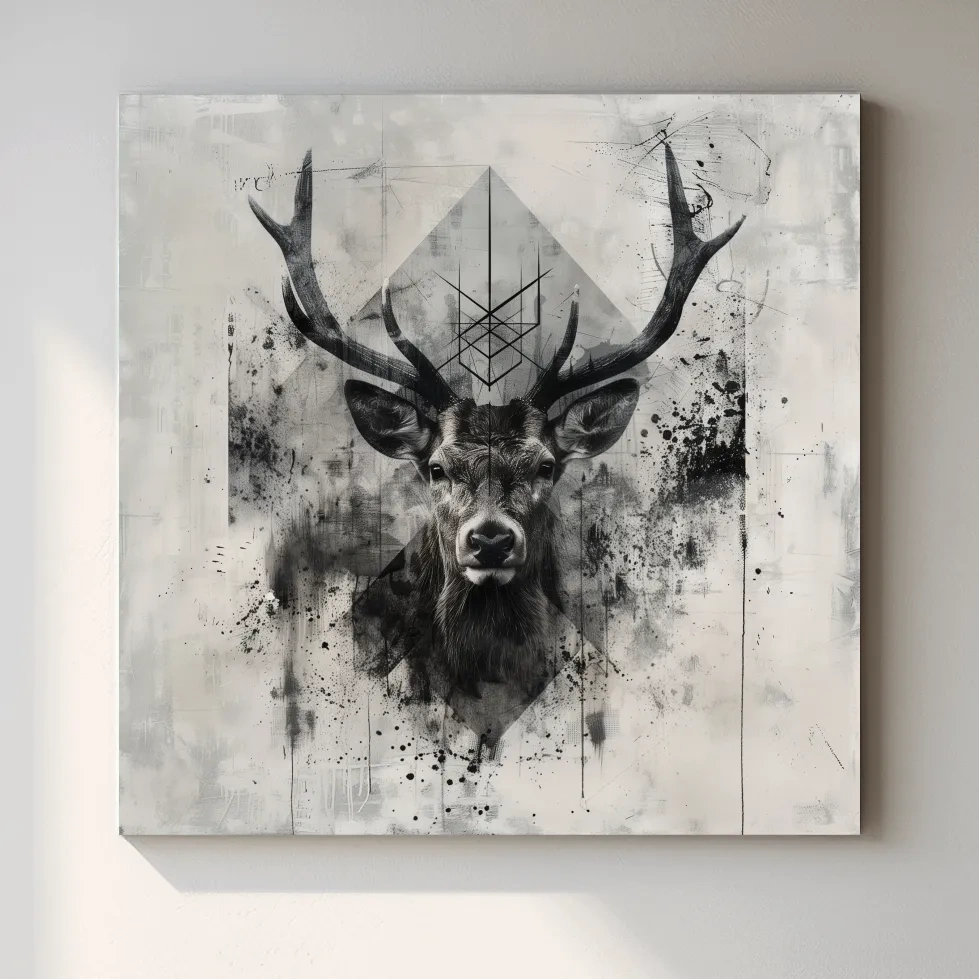 Tribal Monochrome Deer Stag Portrait - Tattoo Style Wildlife Wall Art