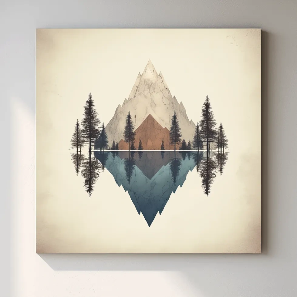 Minimal mountain art, reflections in the lake
