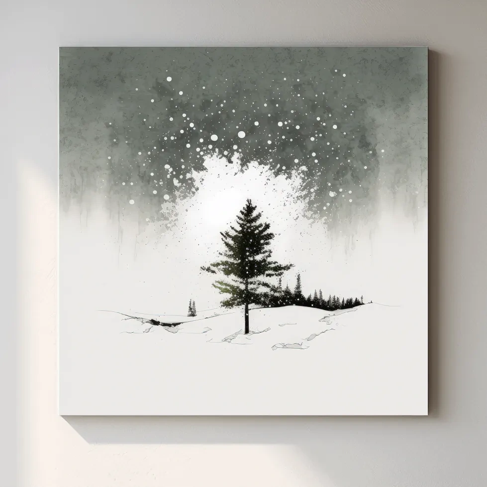 Minimal black and white art painting, lonely winter tree in the snow