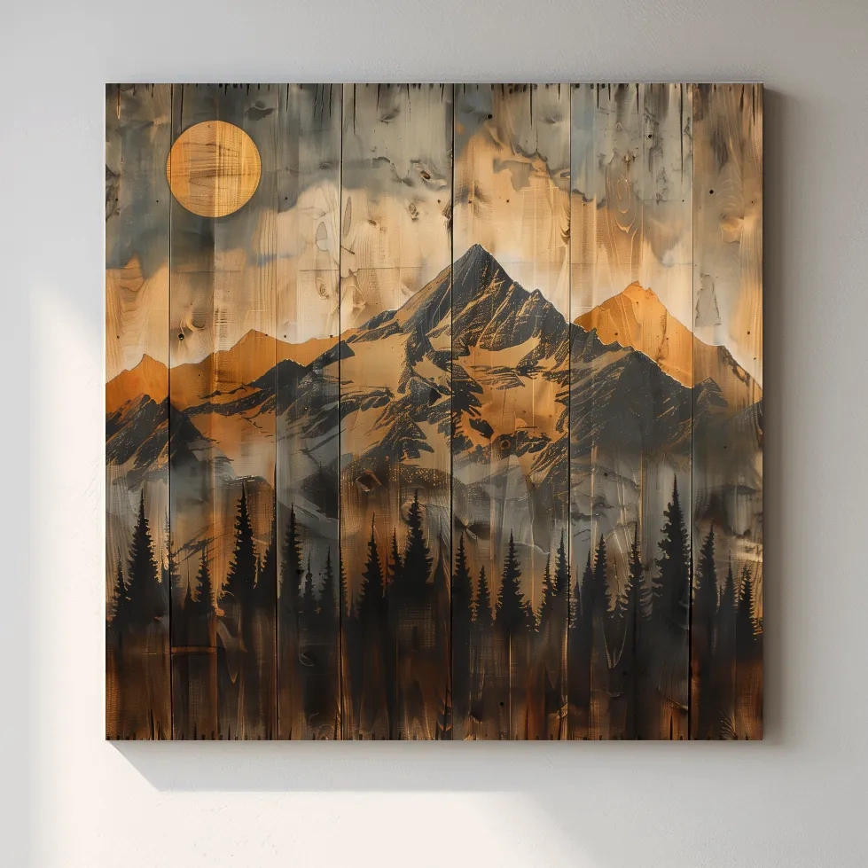 Mountain range alpine forest art, rustic wood burning effect, wood panel art