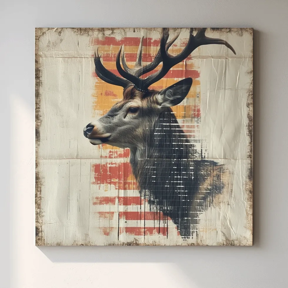Deer head artwork, collage style art on textured paper