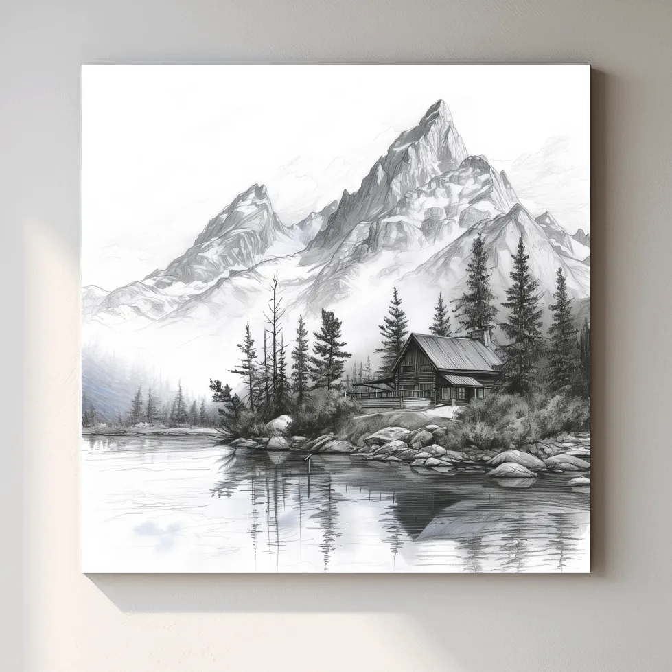 Monochrome Mountain Lake Cabin Sketch - Rustic Alpine Glacier Wall Art