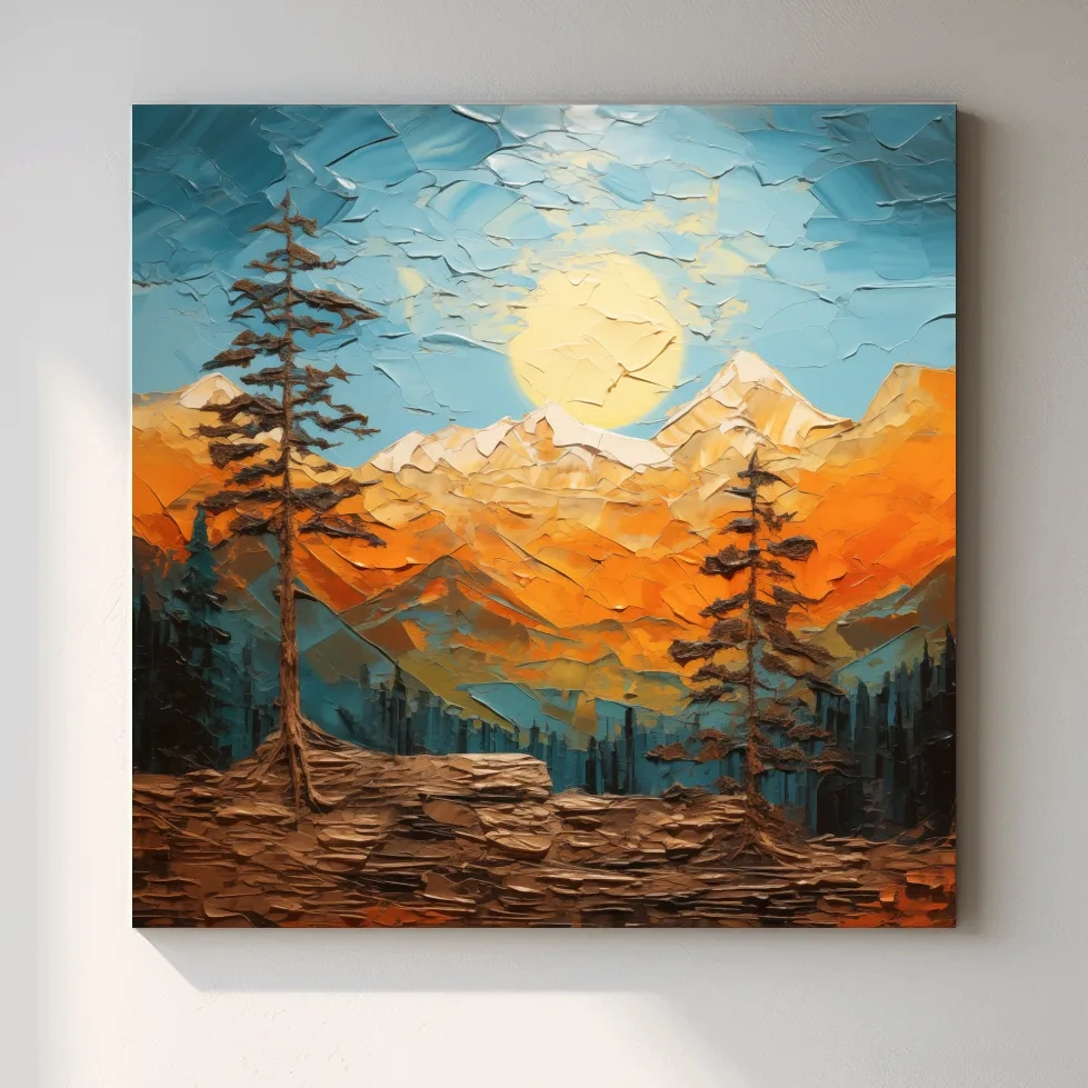 Mountains at sunset artwork print, thick impasto textured oil painting effect