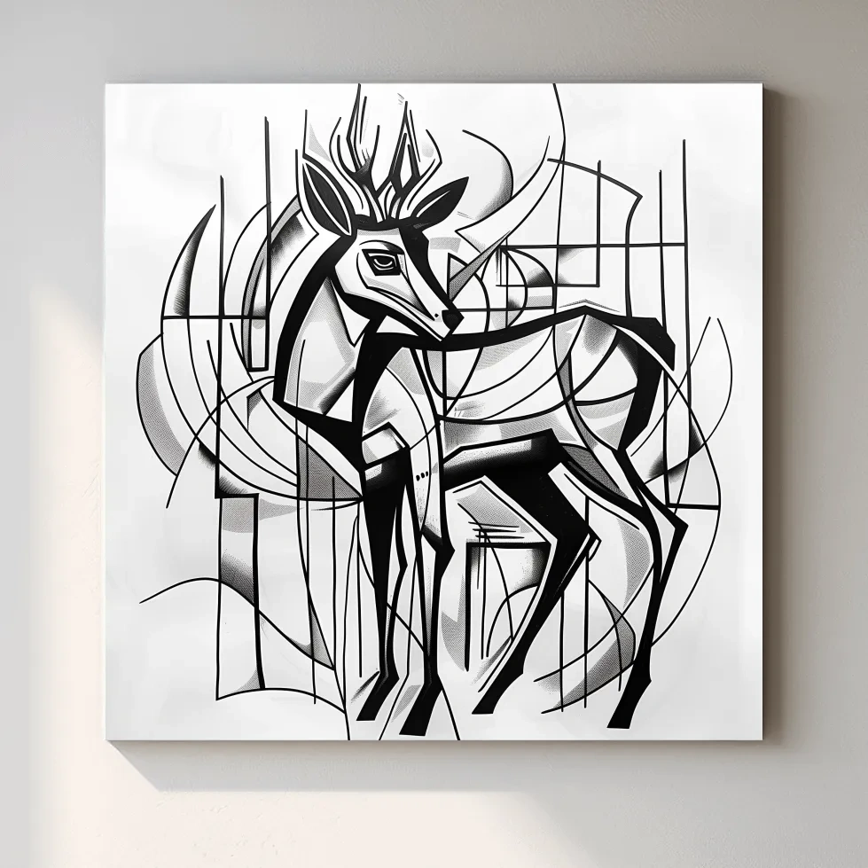 Abstract artwork, geometric deer painting, cubism line art