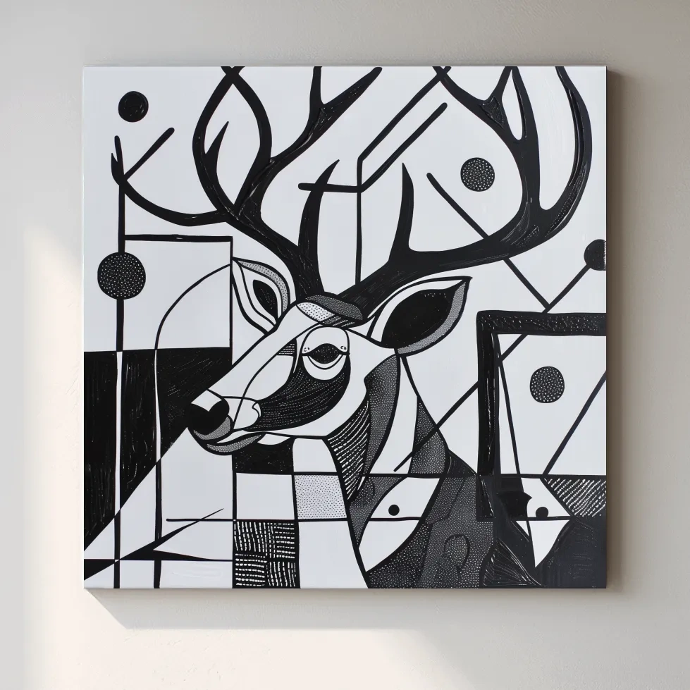 Abstract painting, black & white deer head and antlers artwork