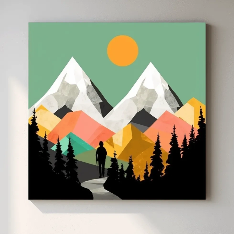 A mountain art scene made from colourful abstract shapes