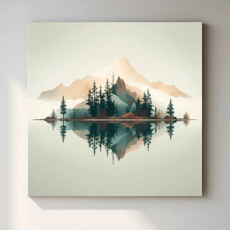 Minimalist Watercolor Mountain Lake Reflection - Serene Pine Forest Landscape Wall Art