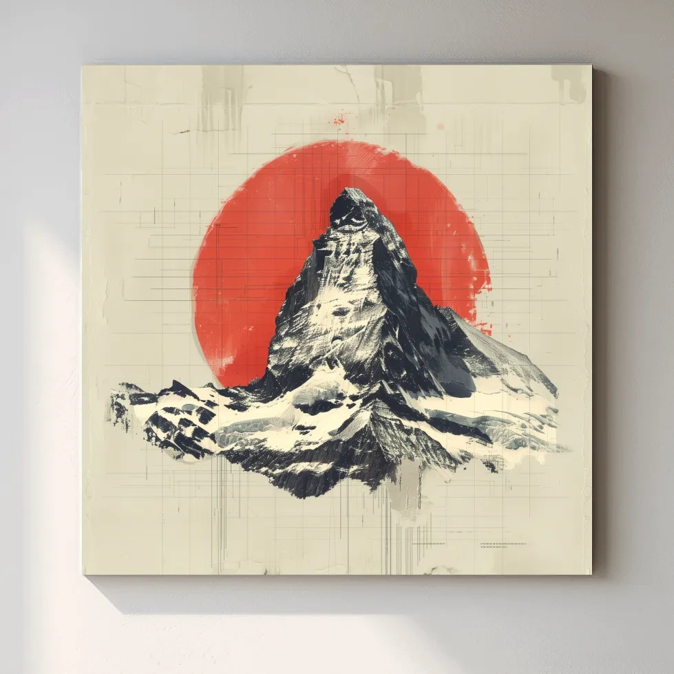 Matterhorn at sunset drawing, Swiss Alps, Japandi style illustration mountain artwork