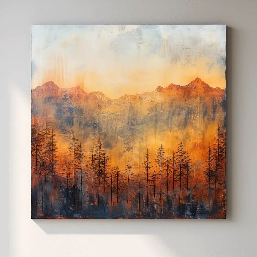 Moody Abstract Mountain Sunrise With Silhouetted Pine Forest - Textured Landscape Painting