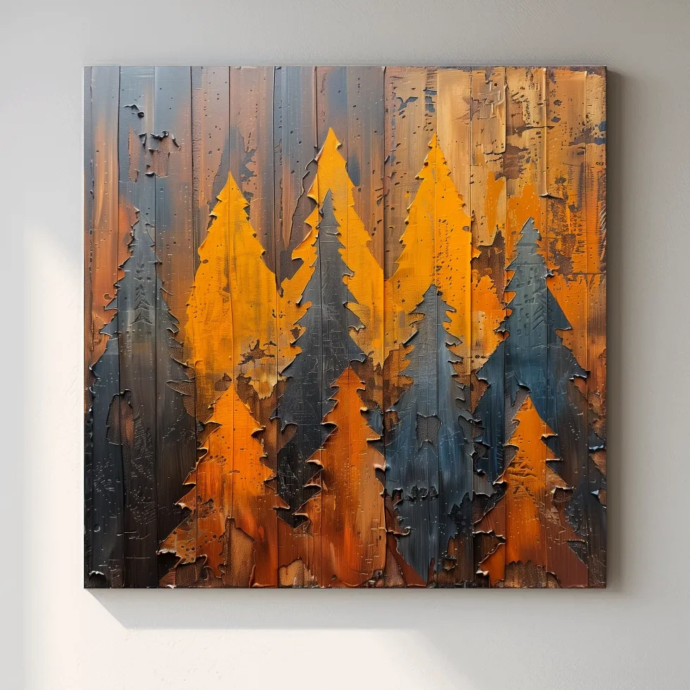 Autumn Pine Forest Silhouettes - Rustic Painted Wood Wall Art