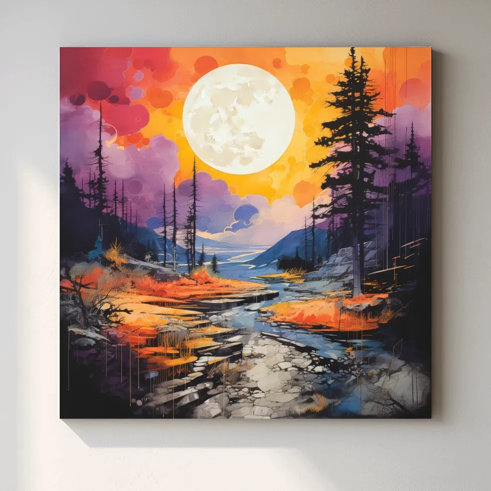 Colorful river and mountain sunset scene, illustration wall art