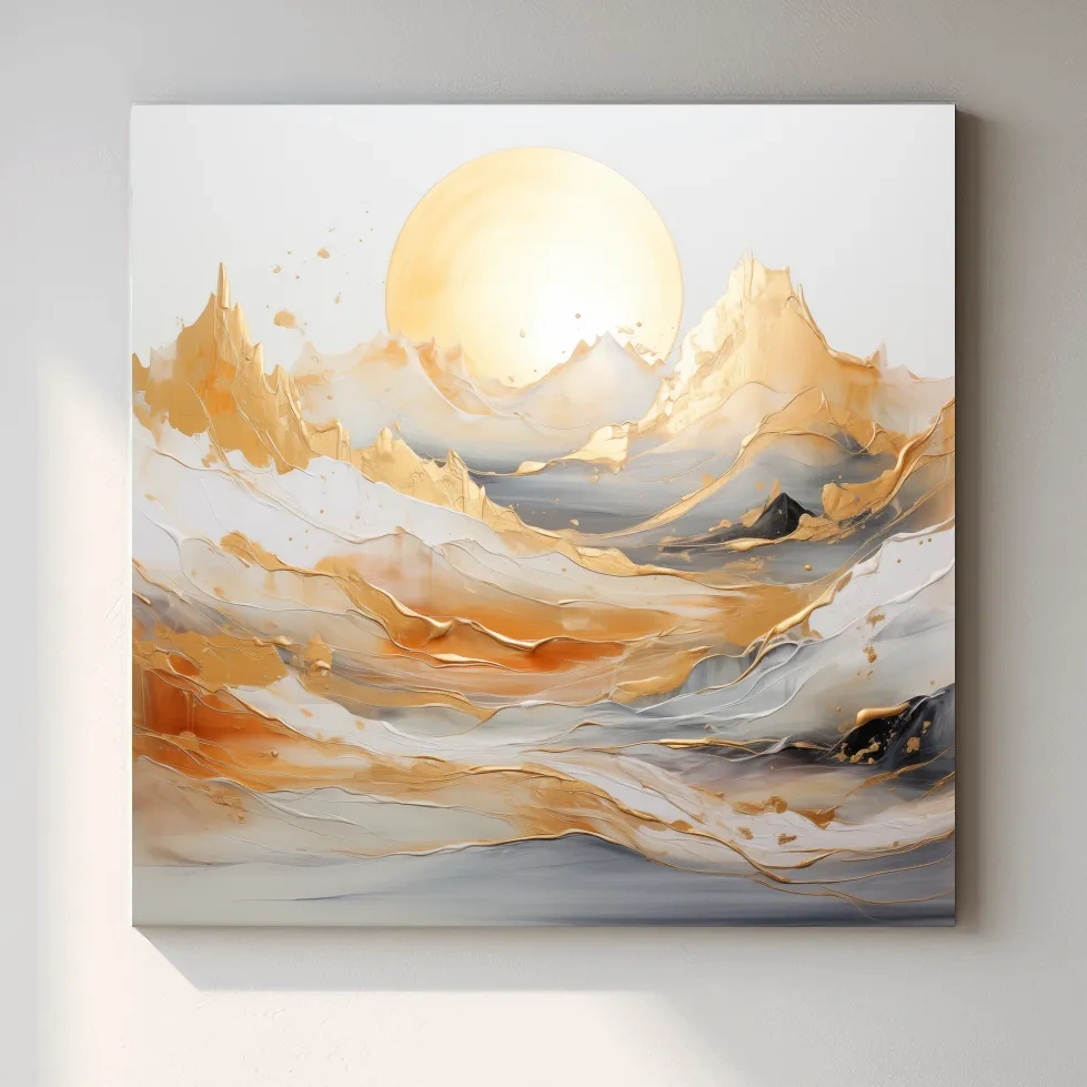 Gold leaf style painting of a mountain landscape