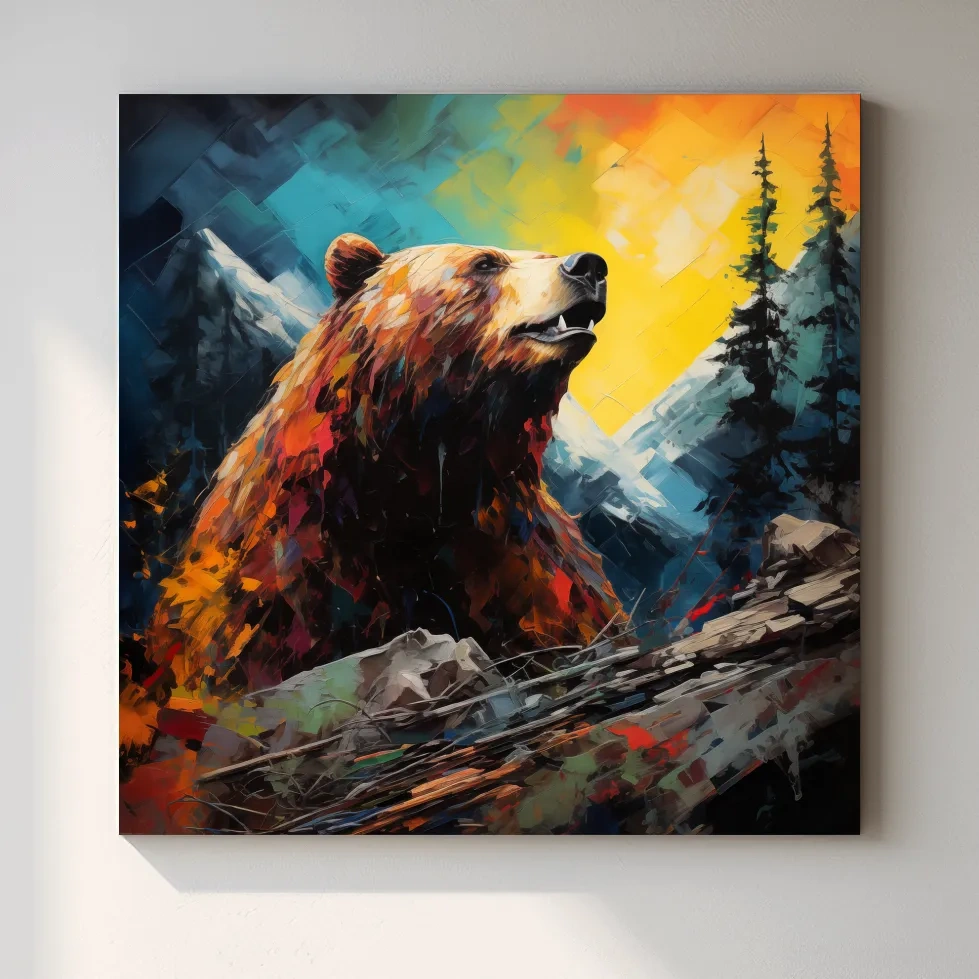 Colourful painting of a grizzly bear in the mountains