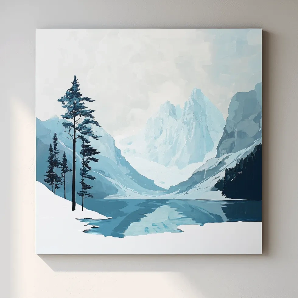 Minimalist Icy Mountain Lake - Scandinavian Winter Landscape Artwork