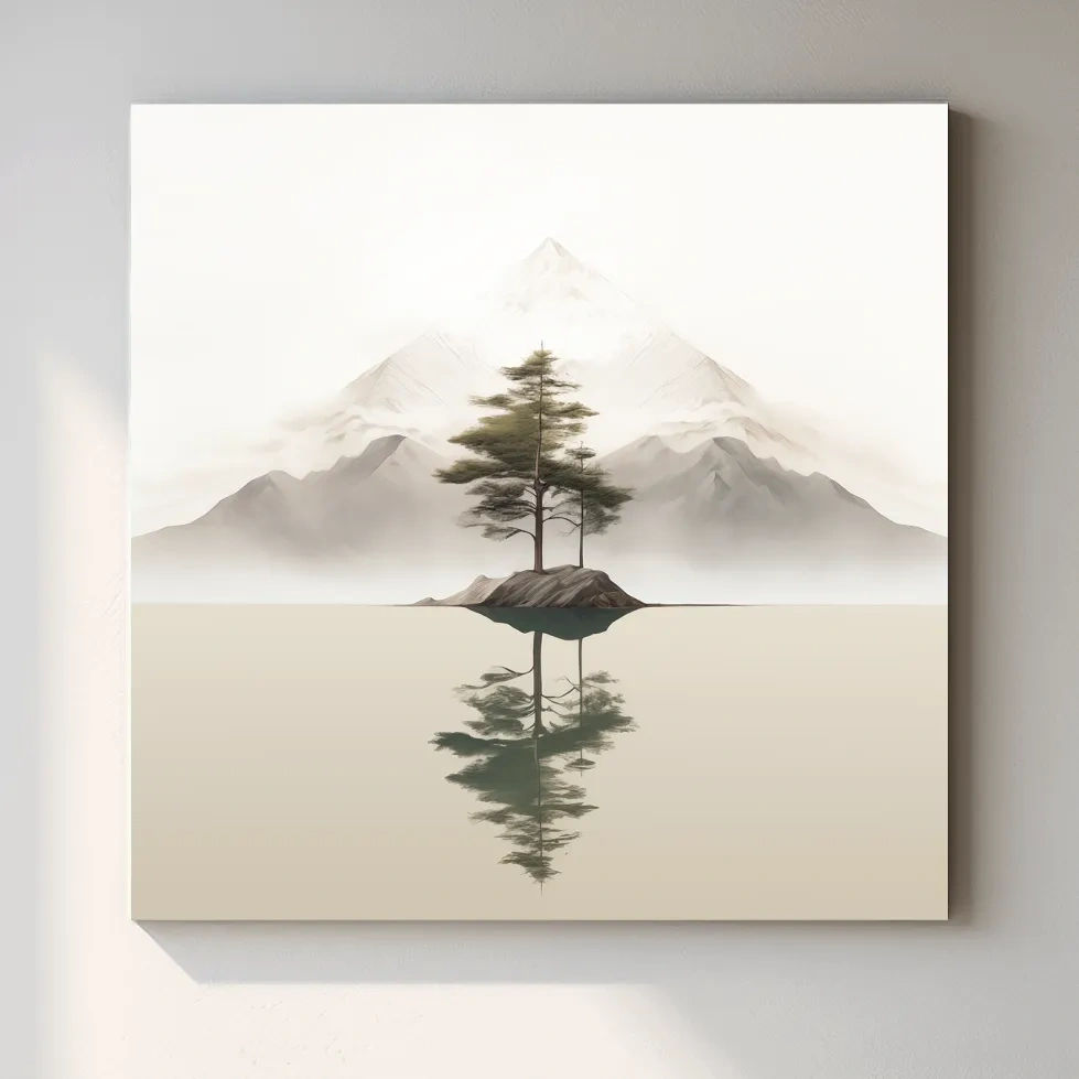 Mimimal mountain art, tree reflecting on a lake
