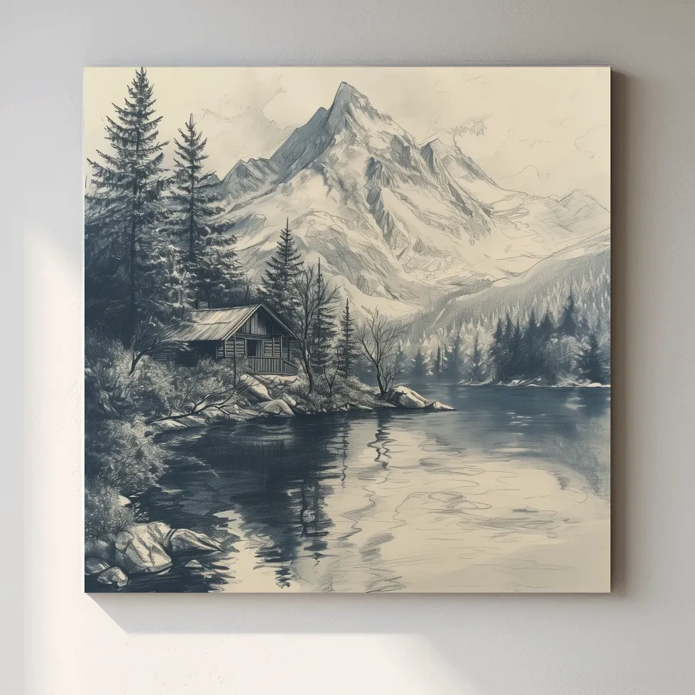 Lead pencil drawing of a cabin by an alpine lake