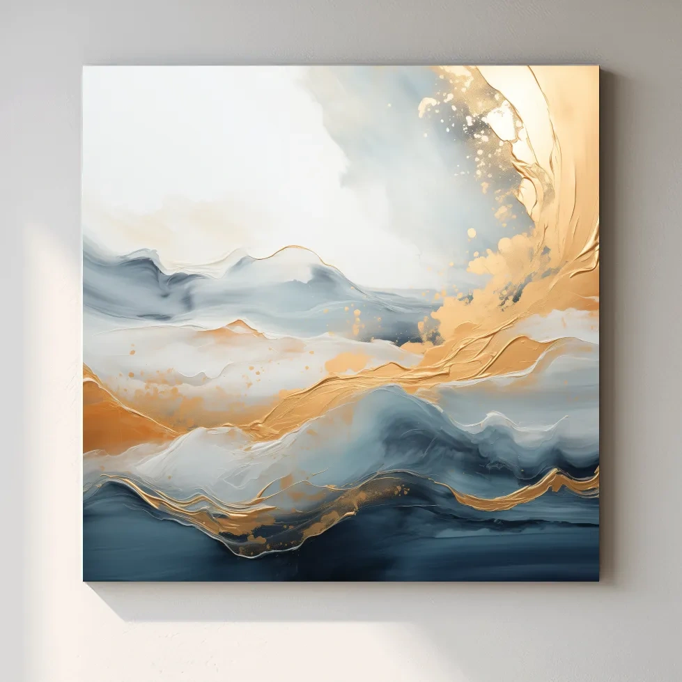Swirling gold painting of abstract mountains and clouds
