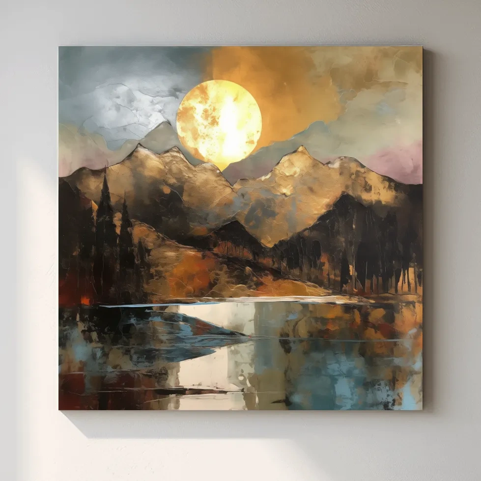 Alpine Mountain Lake Sunset Painting - Textured Golf Leaf Style Wall Art