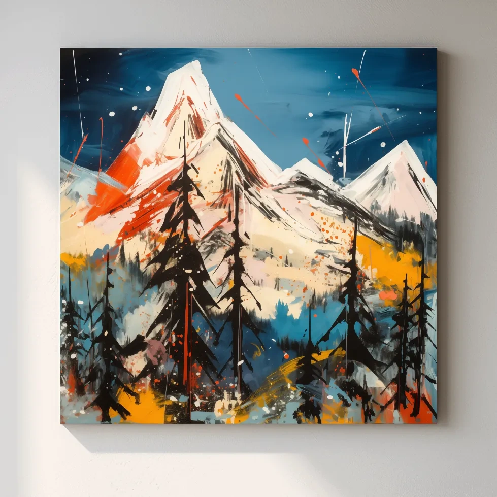 Mountain sunset artwork, vivid abstract colors with splattered paint effect