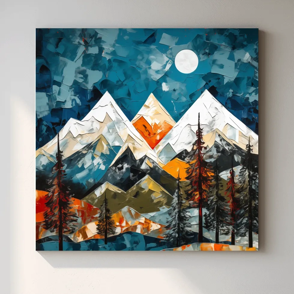 Bold thick impasto oil painting effect, trees and snow capped mountains