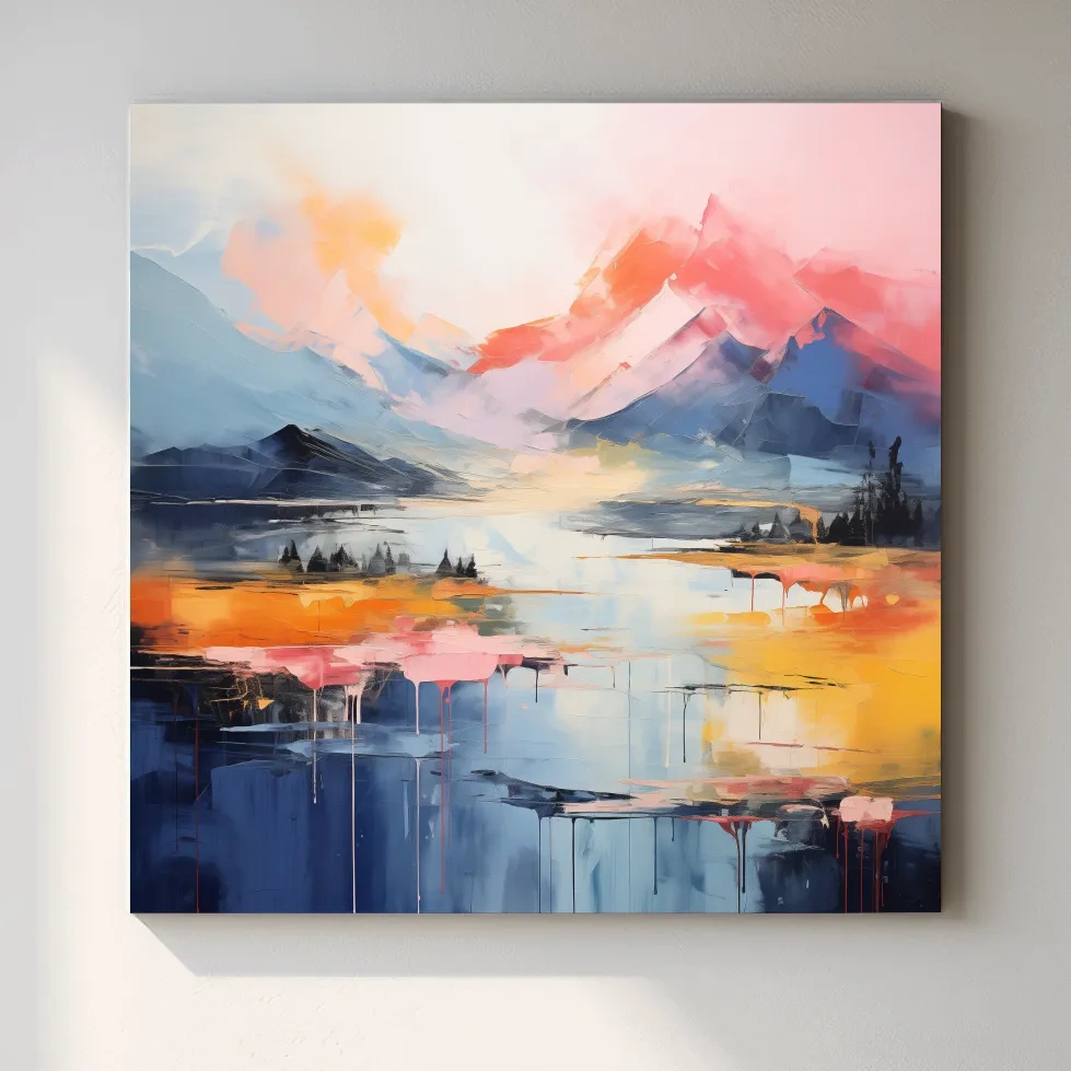 Abstract mountain landscape artwork, vibrant colors in oil painting style