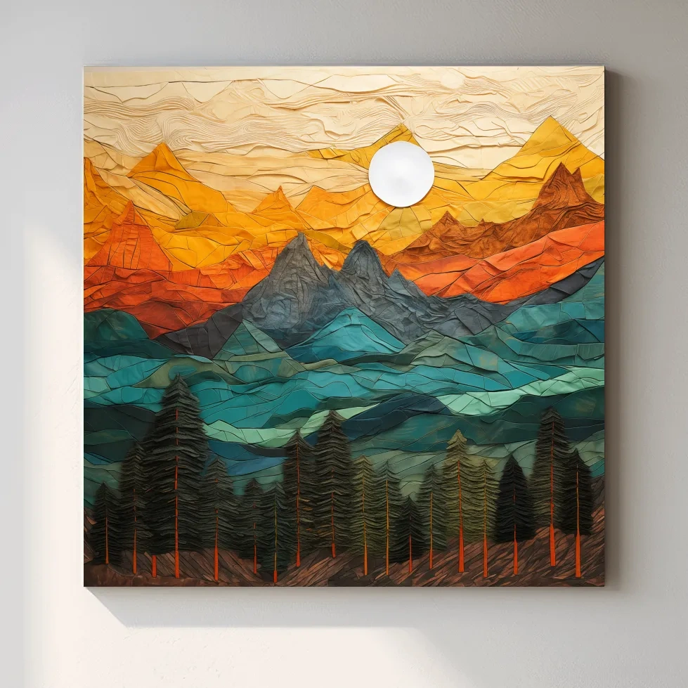 Papre mache style art of an alpine landscape at sunset
