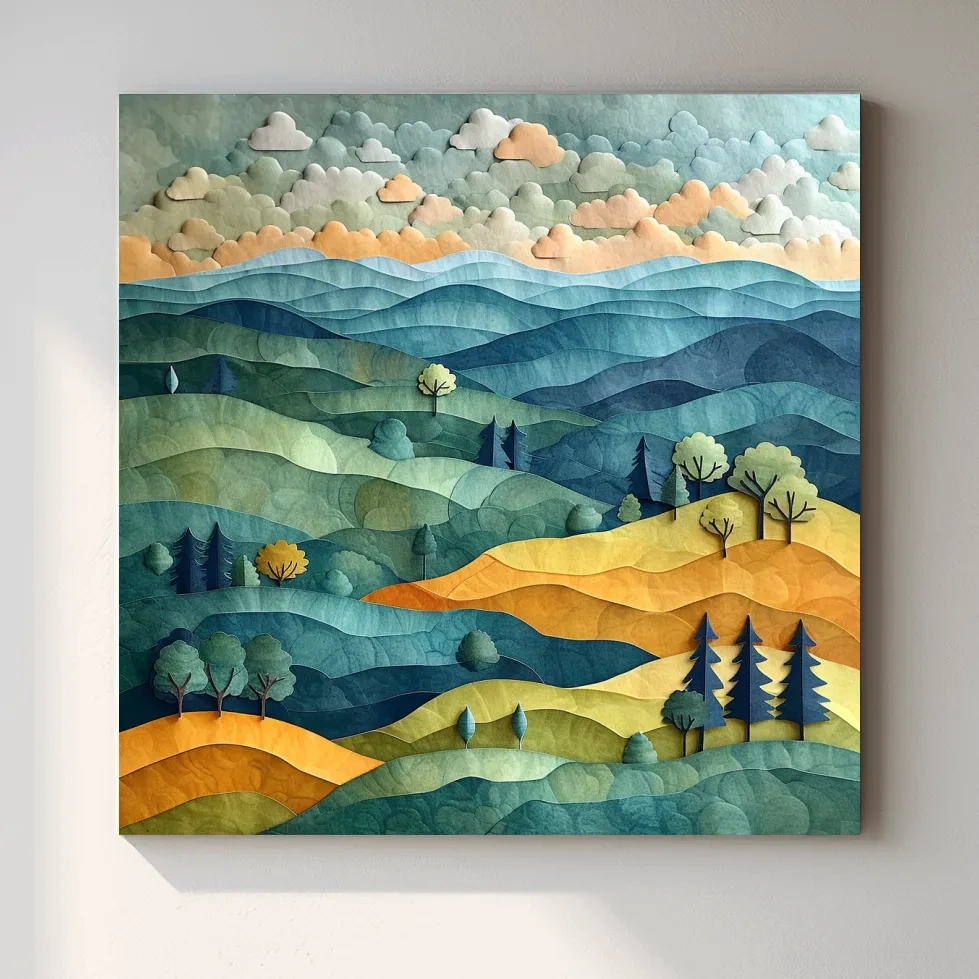 Happy hillside scene, 3d layered paper quilling cutout effect