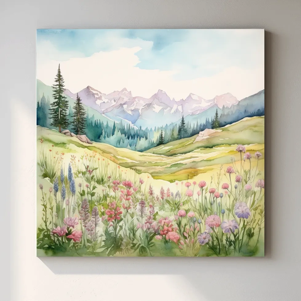 Alpine Meadows Wildflower Watercolour - Pastel Mountains Landscape Wall Art