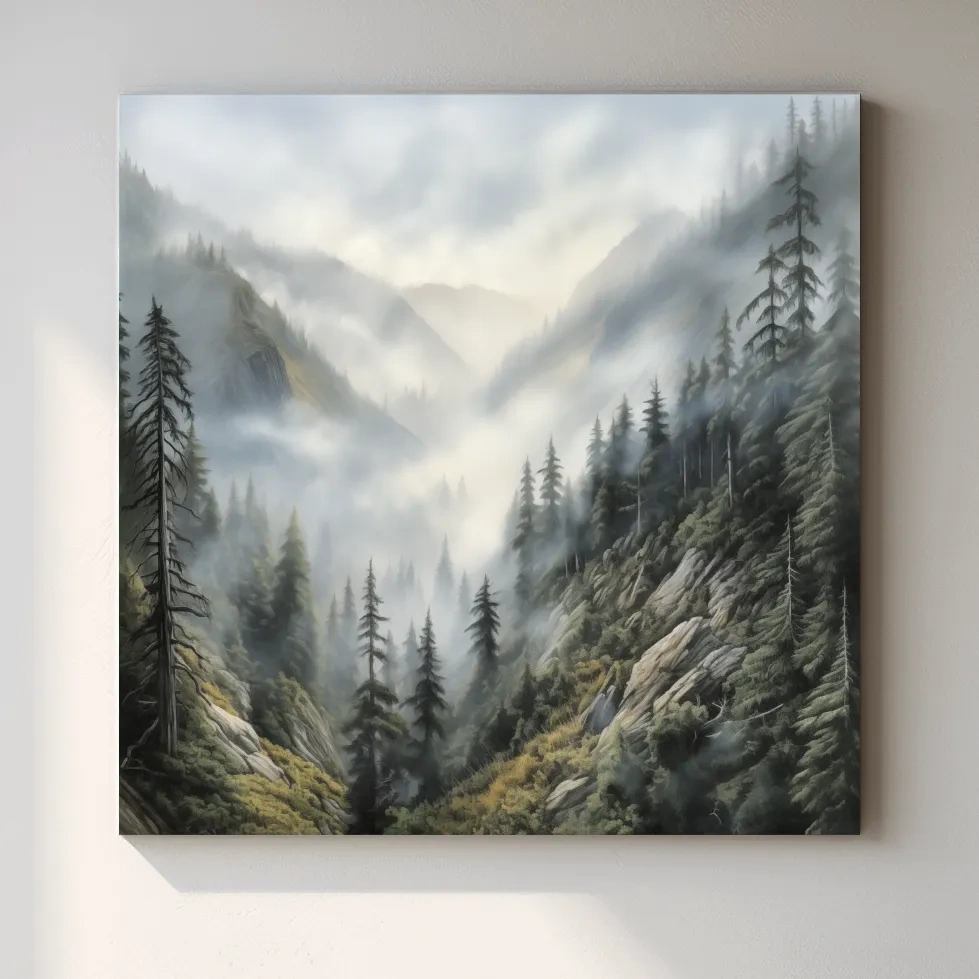 Misty Mountain Valley Pine Forest Painting - Foggy Alpine Landscape Wall Art