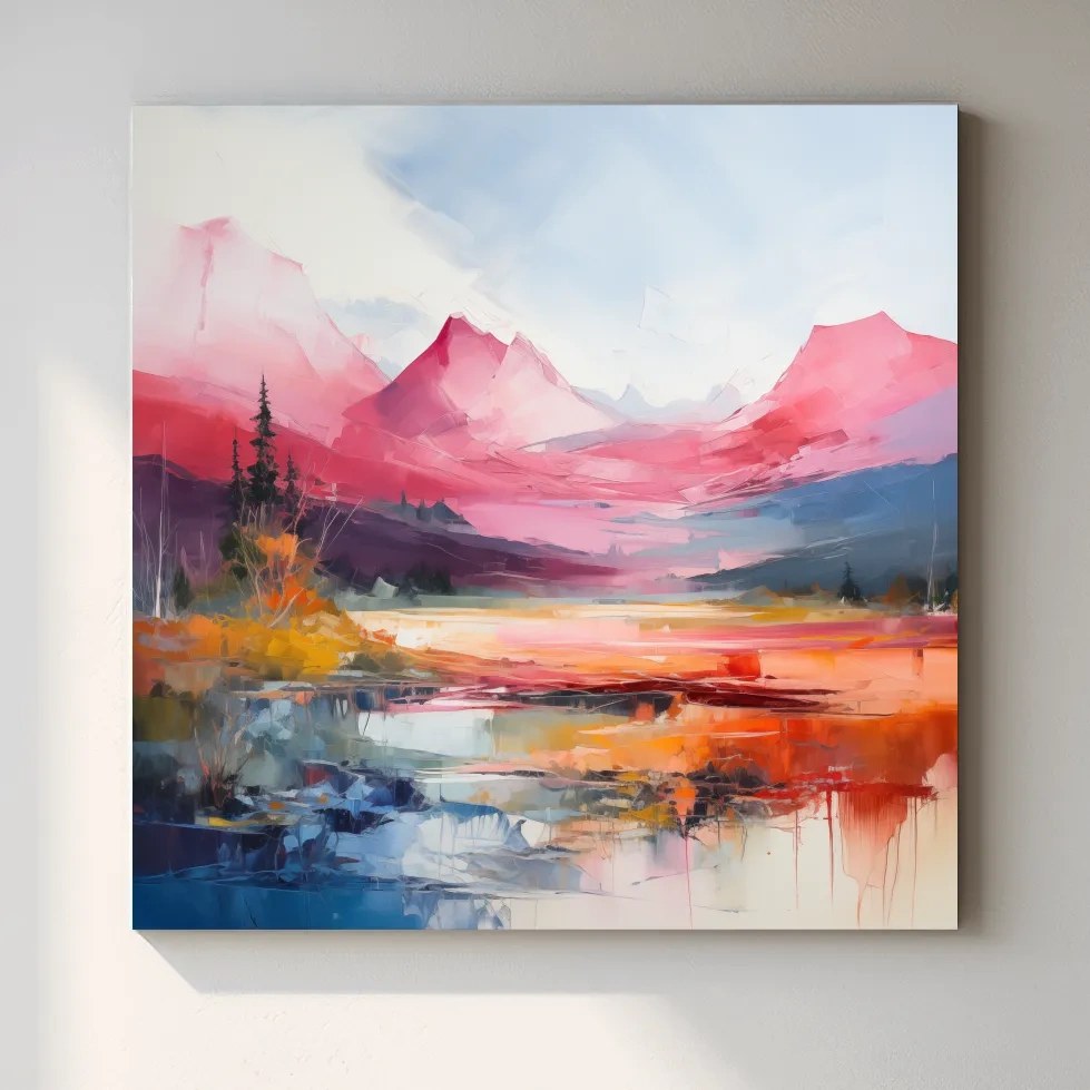 Vibrant Abstract Impressionist Alpine Lake Sunset Painting - Colorful Mountain Wall Art