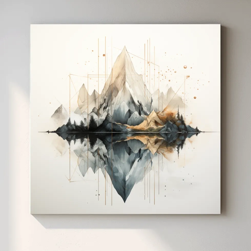 Geometric Watercolor Mountain Reflection Landscape - Modern Minimalist Wall Art