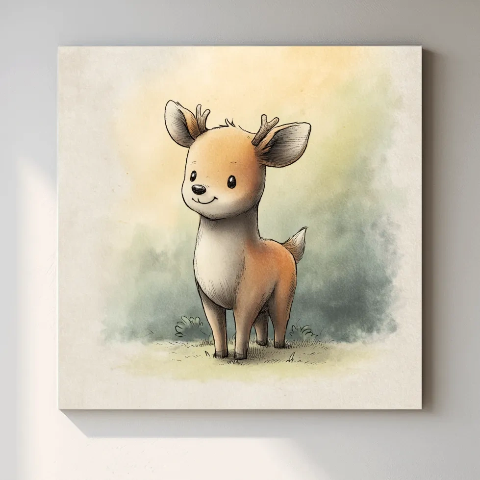 Cute Baby Deer Watercolor Illustration - Whimsical Woodland Nursery Wall Art