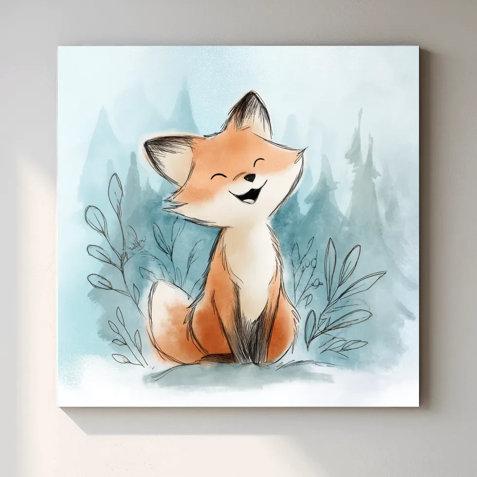 Whimsical Watercolor Fox Cub Illustration - Cute Woodland Nursery Wall Art