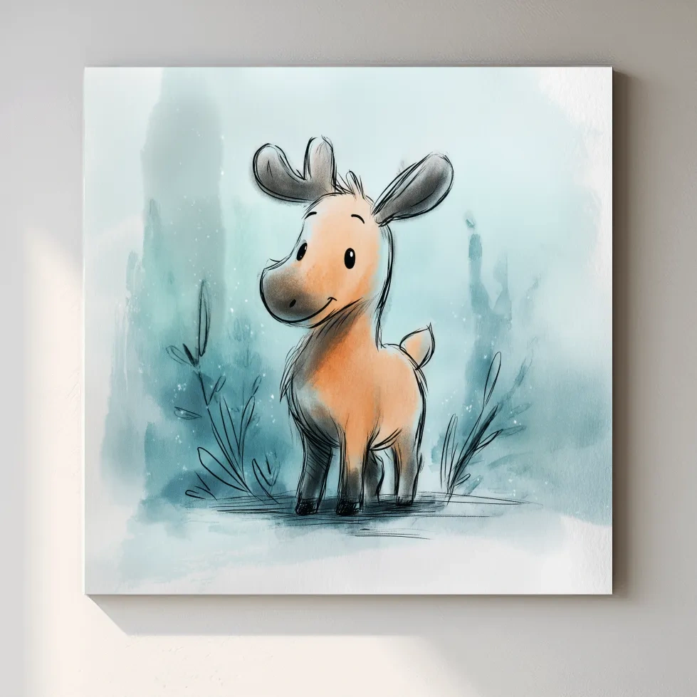 Cute Baby Moose Watercolor Illustration - Whimsical Nursery Wildlife Wall Art