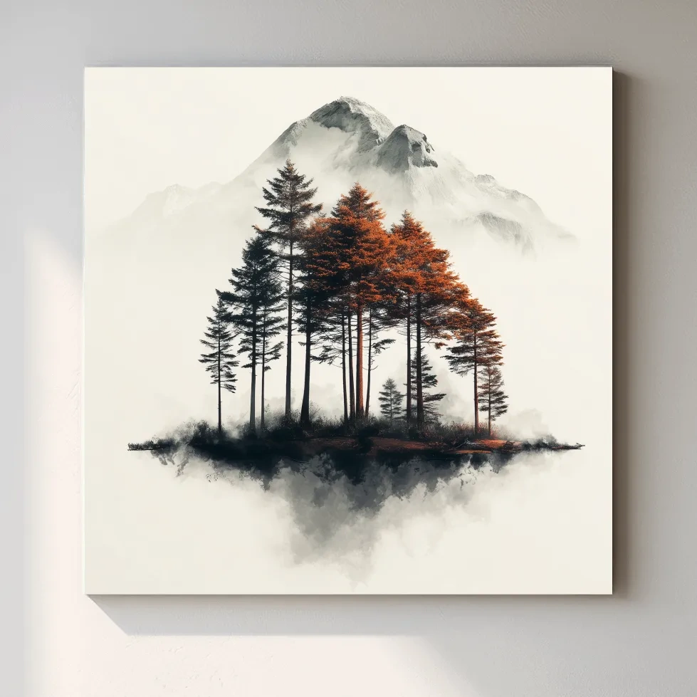 Misty Mountain Pine Forest Watercolor - Autumn Landscape Wall Art