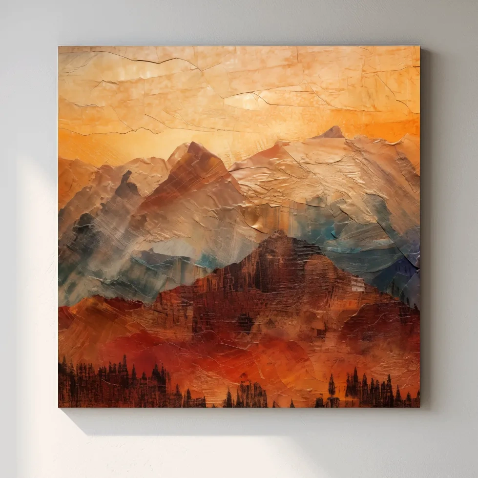 Impasto Style Abstract Mountain Range Sunset - Warm Rustic Landscape Wall Art